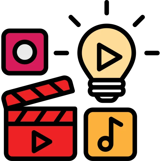 Icons of a light bulb, video clapperboard, music note, and recording symbol, representing customized social media content strategies.